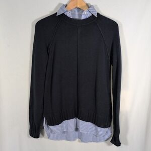 Lauren Ralph Lauren Sweater Faux Shirt Women Size Small Navy Blue Bengal Striped